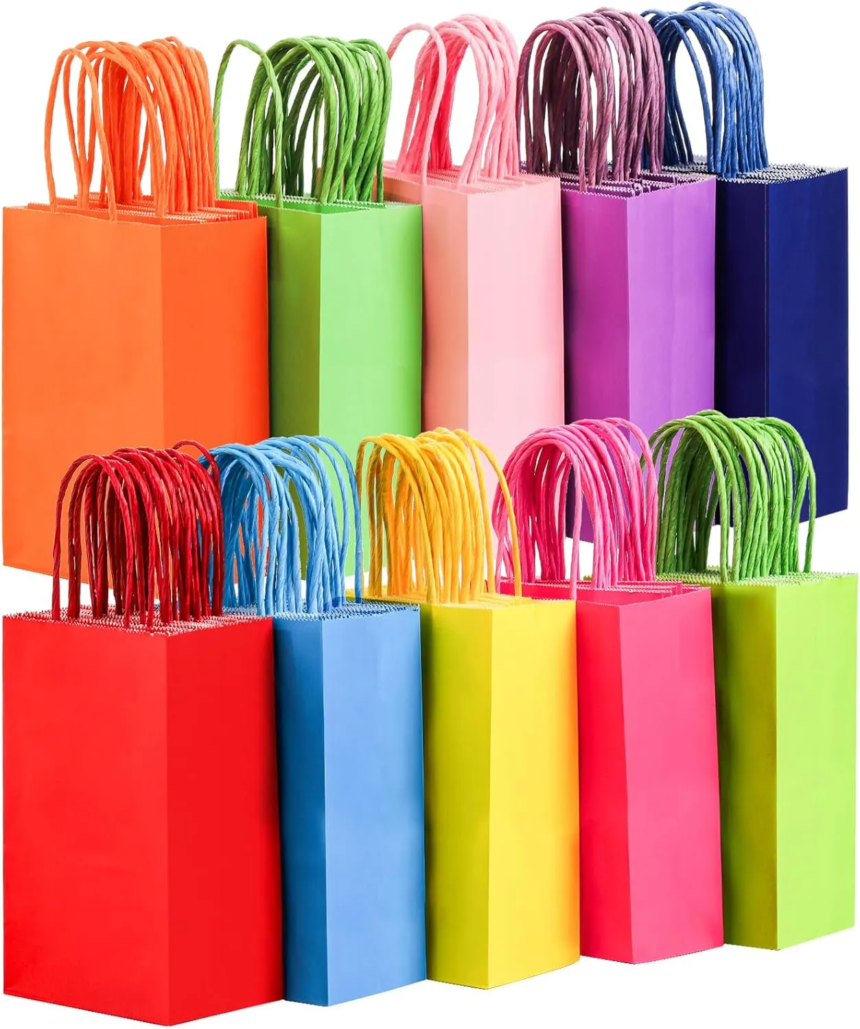 Suwimut 100 Pieces Small Paper Gift Bags with Handles, 10 Colors Rainbow Goodie Bags, 5.1x3.25x8.27 Inch Kraft Paper Party Favor Bag Bulk for Baby Shower, Crafts, Wedding, Party Supplies