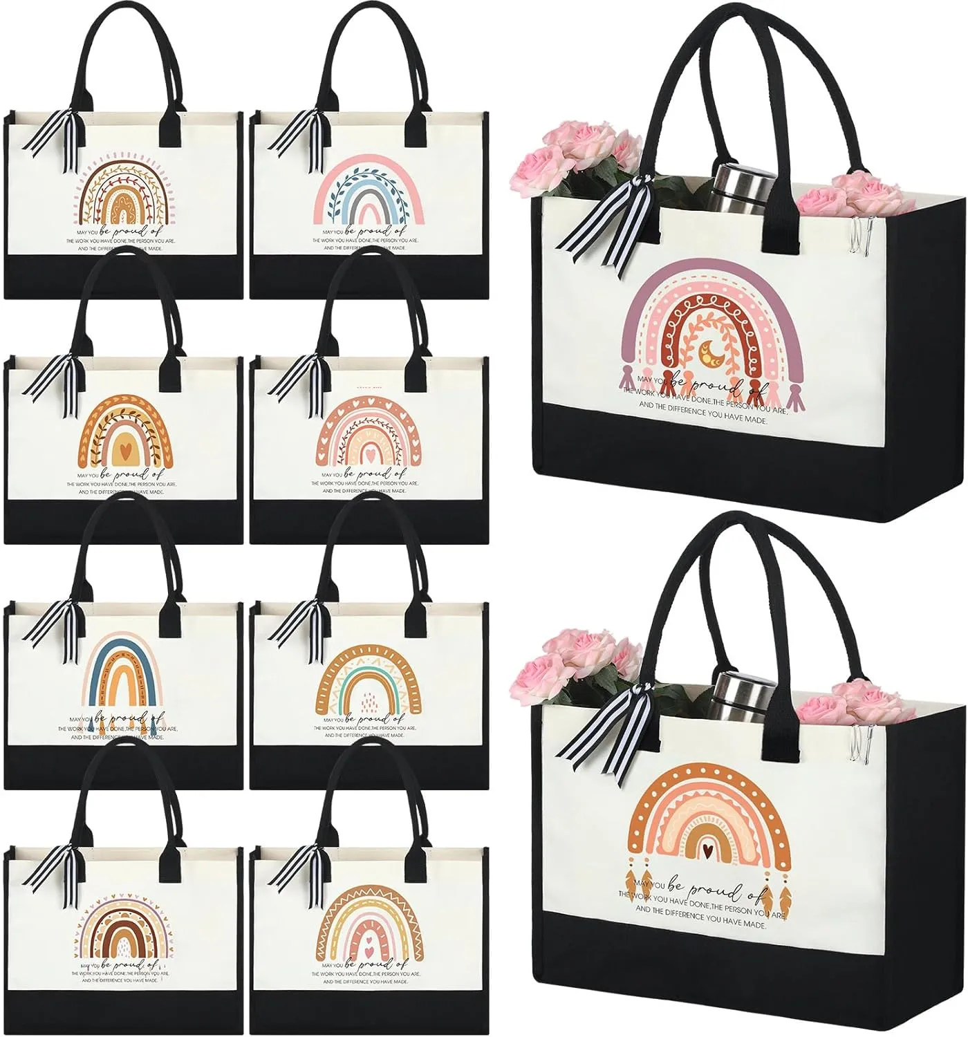 Sweetude 10 Pack Teacher Appreciation Gift Bulk Teachers Day Gifts Rainbow Canvas Tote Beach Bag for Women Mother Holiday Christmas