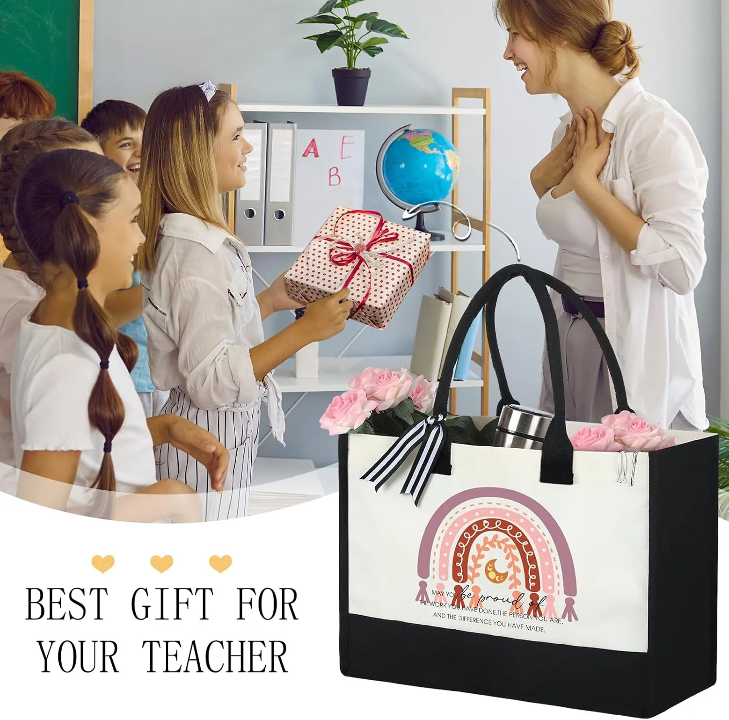 Sweetude 10 Pack Teacher Appreciation Gift Bulk Teachers Day Gifts Rainbow Canvas Tote Beach Bag for Women Mother Holiday Christmas