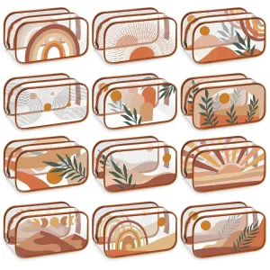 Sweetude 12 Pcs Boho Clear Makeup Bags Rainbow Sunshine PVC Makeup Bags Brown Plastic Cosmetic Bags Waterproof Zipper Travel Toiletry Pouch Purses for Women Valentine‘s Day Gifts