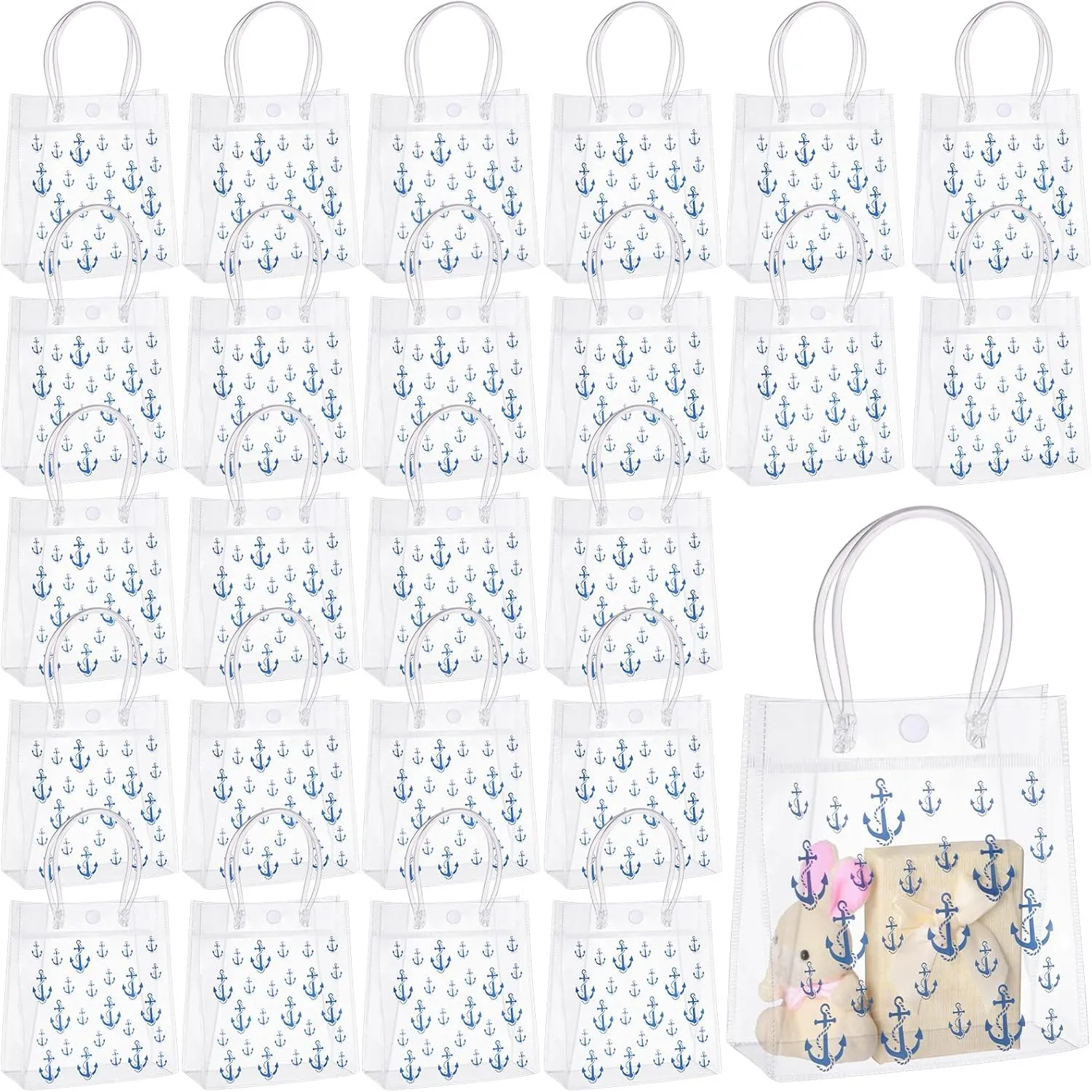 Sweetude 24 Pcs Nautical Party Gift Bags Anchors Wheel Print Clear Waterproof PVC Cruise Gift Bags with Handles for Nautical Beach Summer Birthday Party Supplies