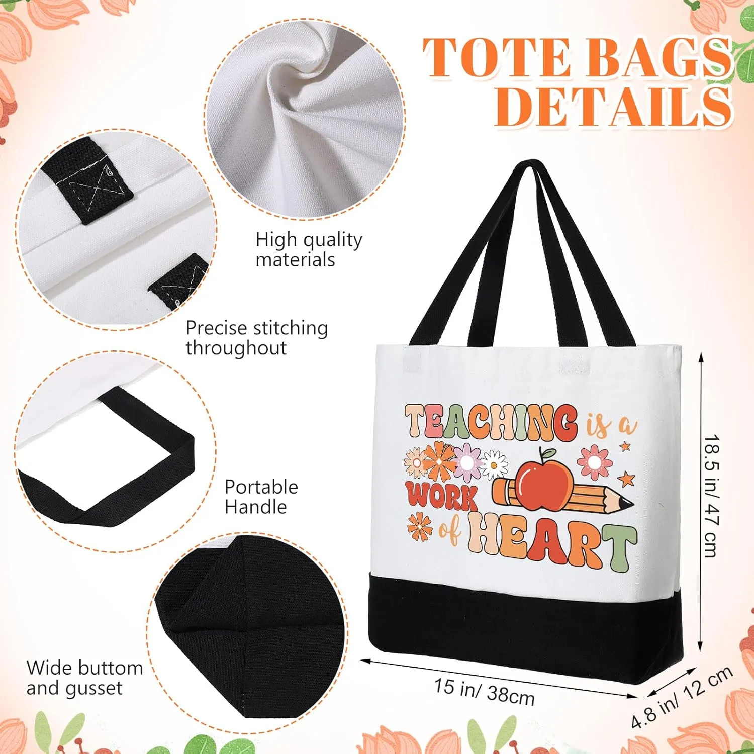 Sweetude 8 Pack Teacher Appreciation Bag Canvas Tote Bag Bulk Rainbow Teachers Day Thank You Gifts Graduation