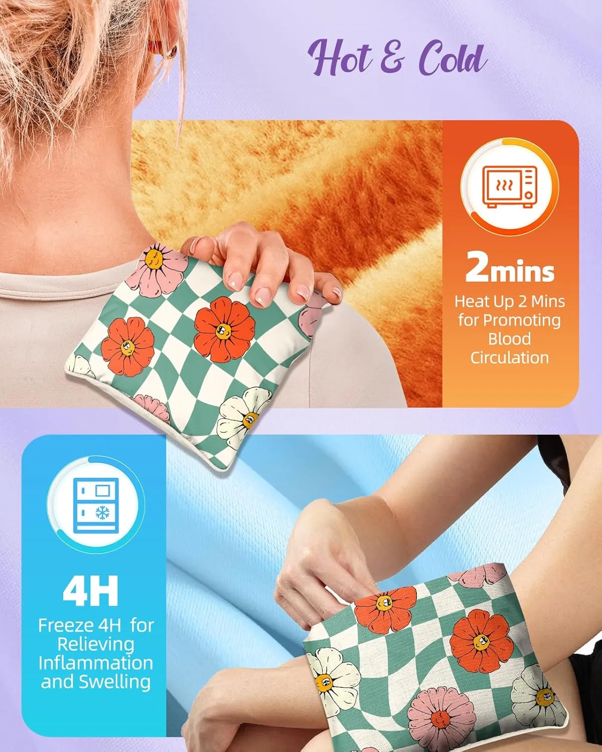 Swooflia Microwave Heating Pad for Warm Cold Compress - Lavender Flaxseeds Bags Hot Pack for Heat Therapy Chronic Pain Relief Back Cramps Shoulders Neck, Smile Flowers Detachable Stuffed Cover