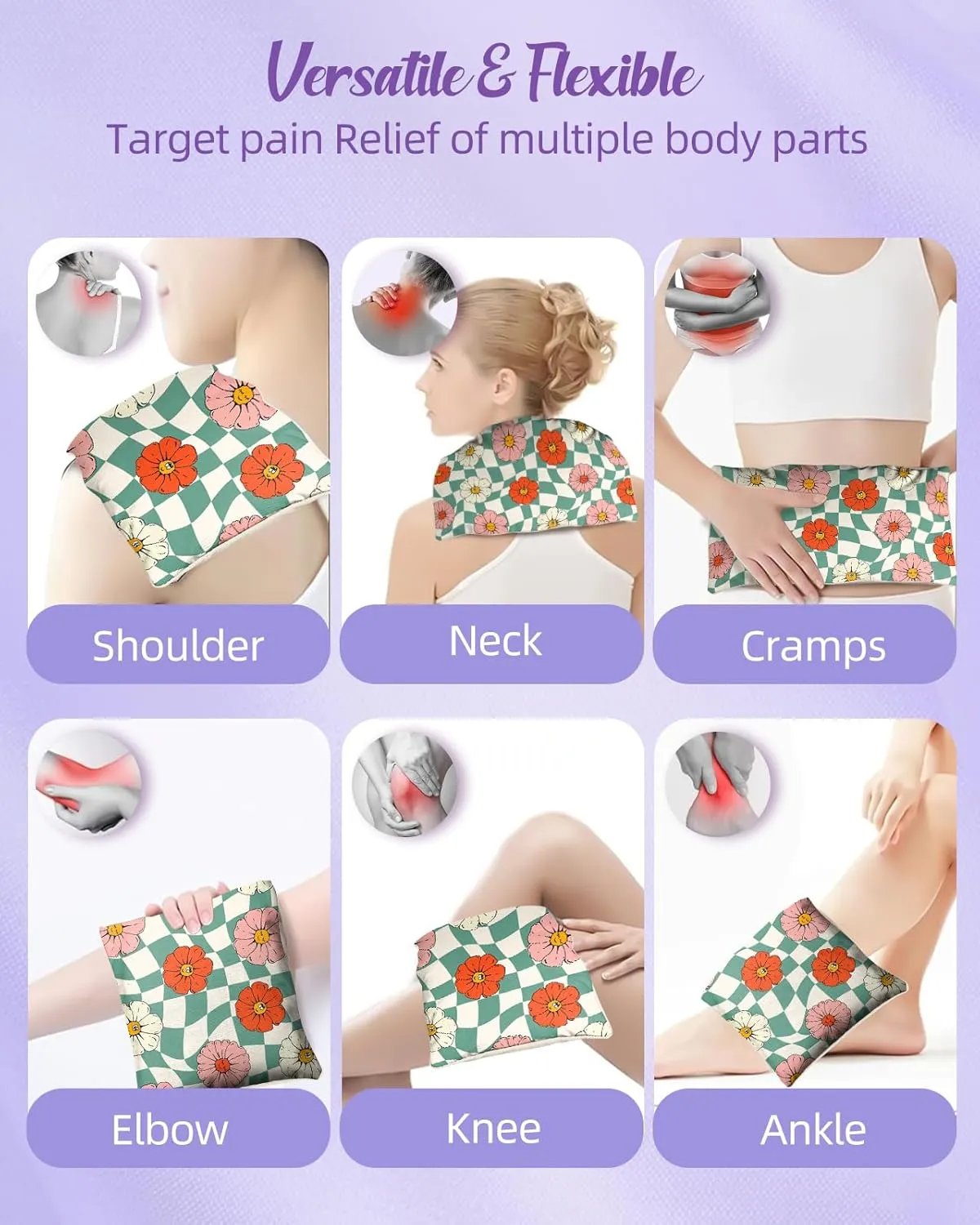 Swooflia Microwave Heating Pad for Warm Cold Compress - Lavender Flaxseeds Bags Hot Pack for Heat Therapy Chronic Pain Relief Back Cramps Shoulders Neck, Smile Flowers Detachable Stuffed Cover
