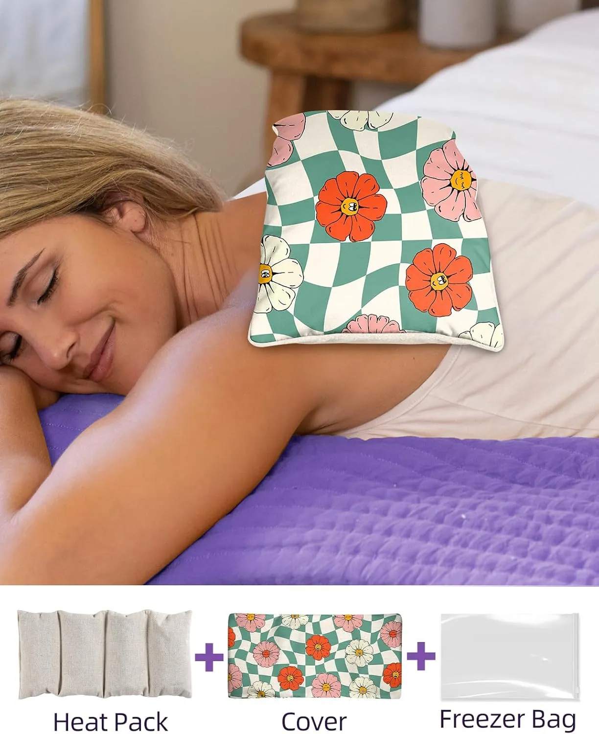 Swooflia Microwave Heating Pad for Warm Cold Compress - Lavender Flaxseeds Bags Hot Pack for Heat Therapy Chronic Pain Relief Back Cramps Shoulders Neck, Smile Flowers Detachable Stuffed Cover