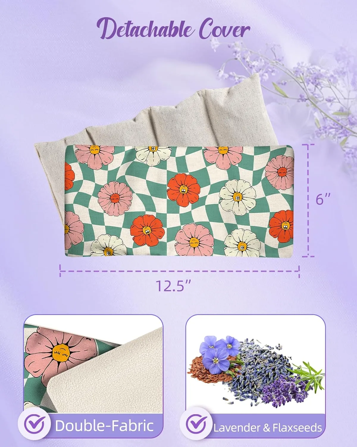 Swooflia Microwave Heating Pad for Warm Cold Compress - Lavender Flaxseeds Bags Hot Pack for Heat Therapy Chronic Pain Relief Back Cramps Shoulders Neck, Smile Flowers Detachable Stuffed Cover