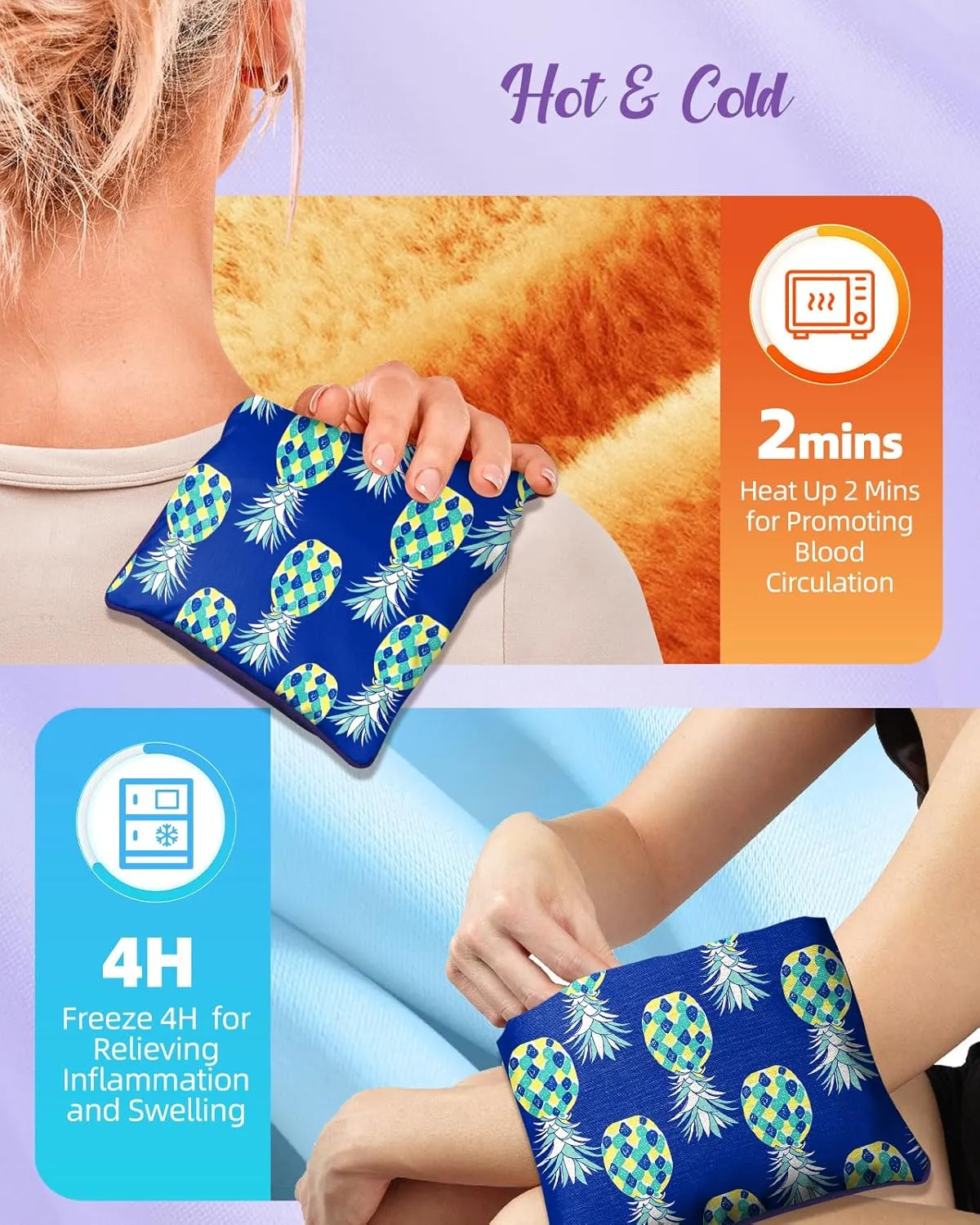 Swooflia Microwave Heating Pad for Warm Cold Compress - Lavender Flaxseeds Bags Hot Pack for Heat Therapy Chronic Pain Relief Back Cramps Shoulders Neck Women, Blue Pineapple Detachable Stuffed Cover