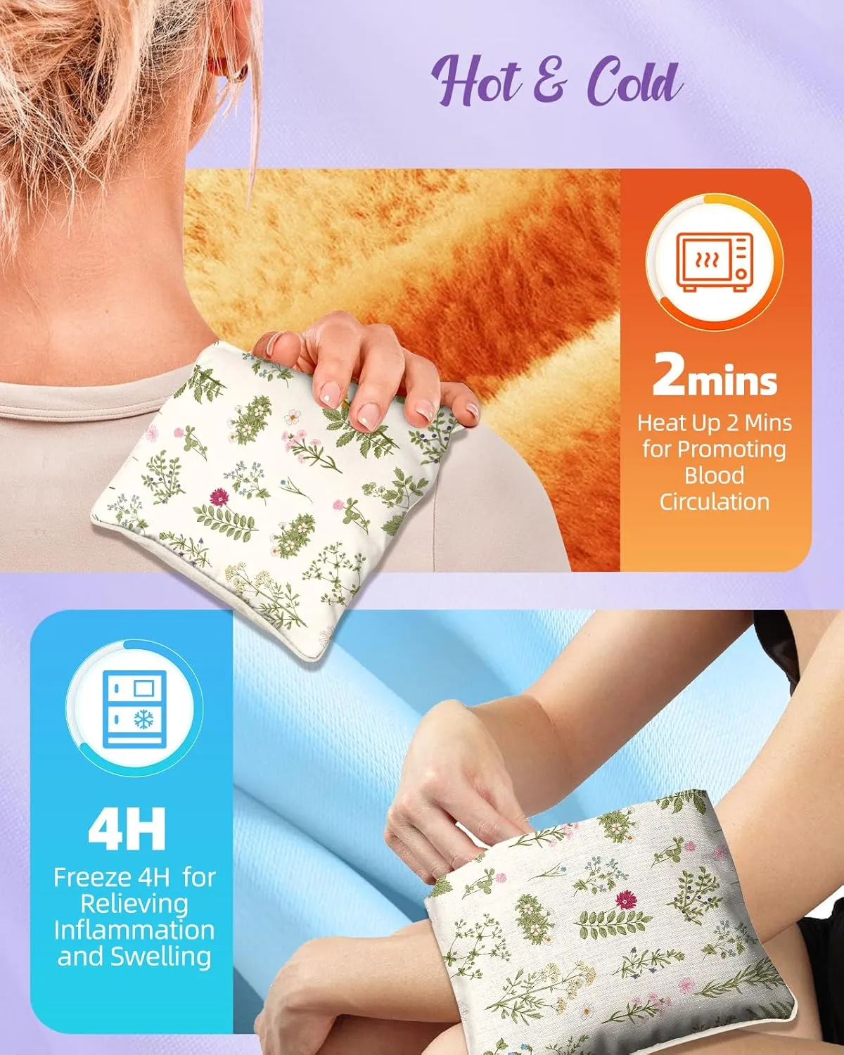 Swooflia Microwave Heating Pad for Warm Cold Compress - Lavender Flaxseeds Bags Hot Pack for Heat Therapy Chronic Pain Relief Back Cramps Shoulders Neck Women, Green Floral Detachable Stuffed Cover