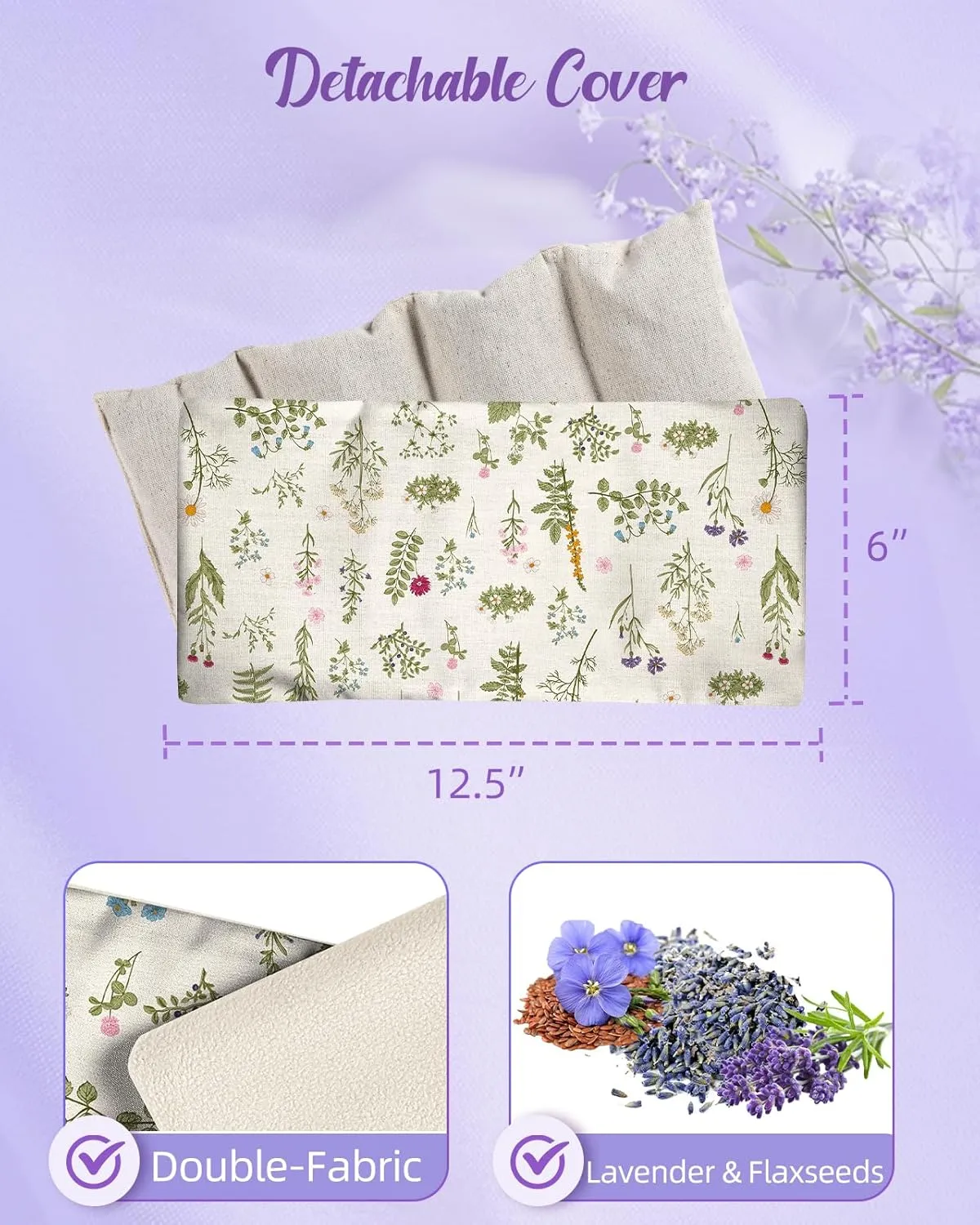 Swooflia Microwave Heating Pad for Warm Cold Compress - Lavender Flaxseeds Bags Hot Pack for Heat Therapy Chronic Pain Relief Back Cramps Shoulders Neck Women, Green Floral Detachable Stuffed Cover