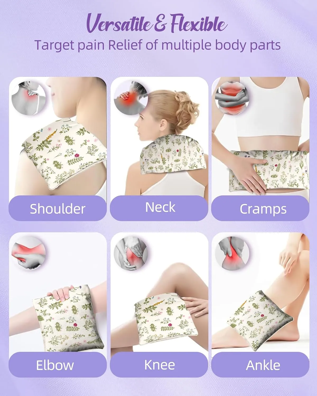 Swooflia Microwave Heating Pad for Warm Cold Compress - Lavender Flaxseeds Bags Hot Pack for Heat Therapy Chronic Pain Relief Back Cramps Shoulders Neck Women, Green Floral Detachable Stuffed Cover