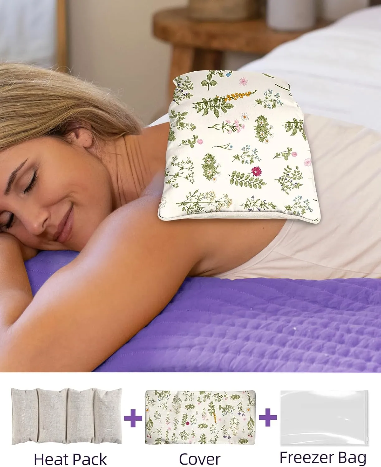 Swooflia Microwave Heating Pad for Warm Cold Compress - Lavender Flaxseeds Bags Hot Pack for Heat Therapy Chronic Pain Relief Back Cramps Shoulders Neck Women, Green Floral Detachable Stuffed Cover