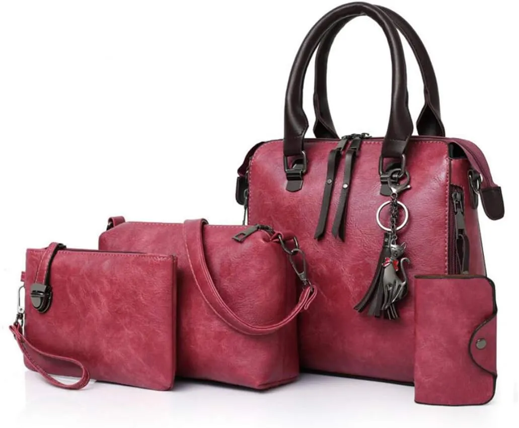 Synthetic PU Leather Tote for Women Satchel Crossbody Hobo 4pcs Handbags Shoulder Bags Tassel Fox Ornament