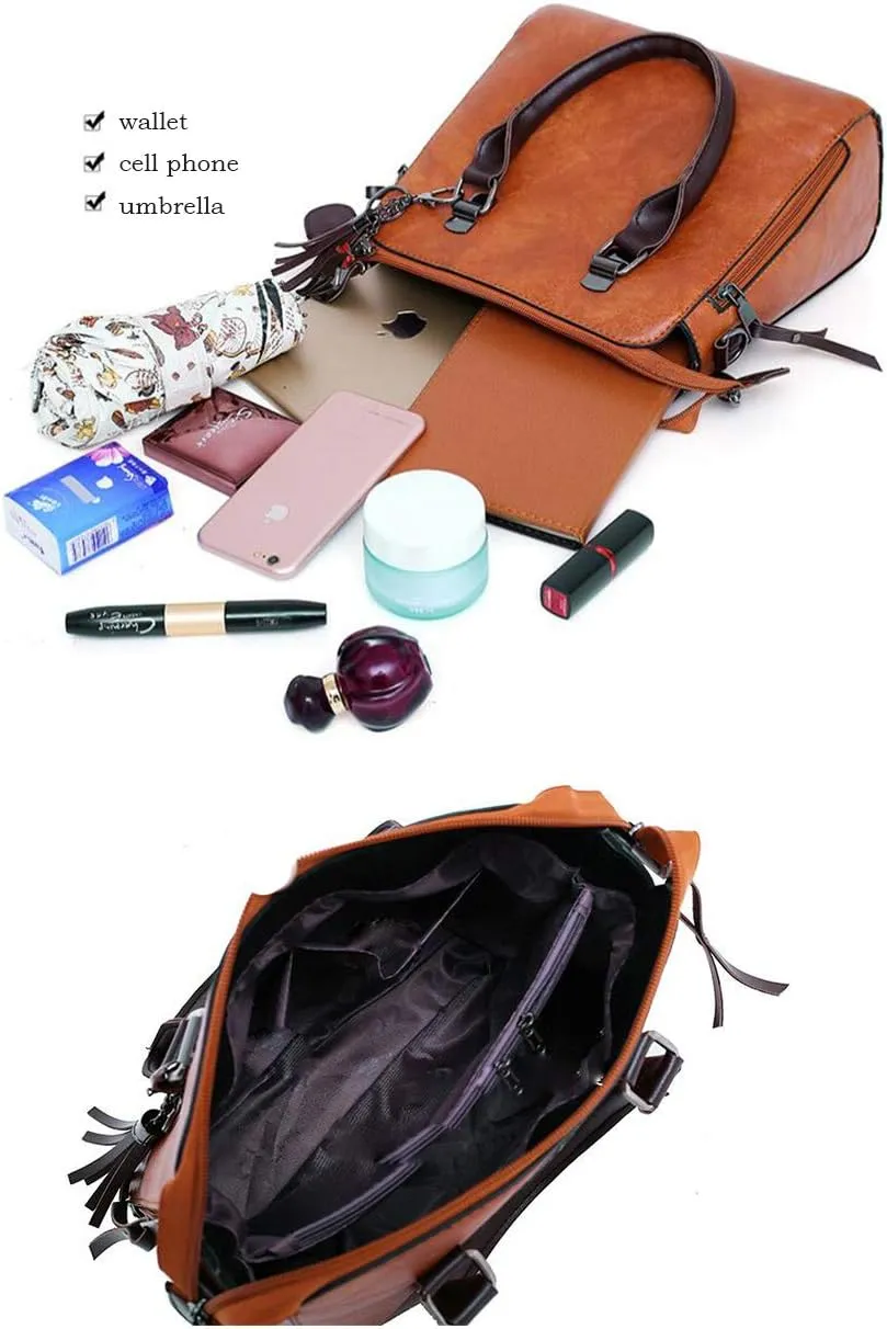 Synthetic PU Leather Tote for Women Satchel Crossbody Hobo 4pcs Handbags Shoulder Bags Tassel Fox Ornament