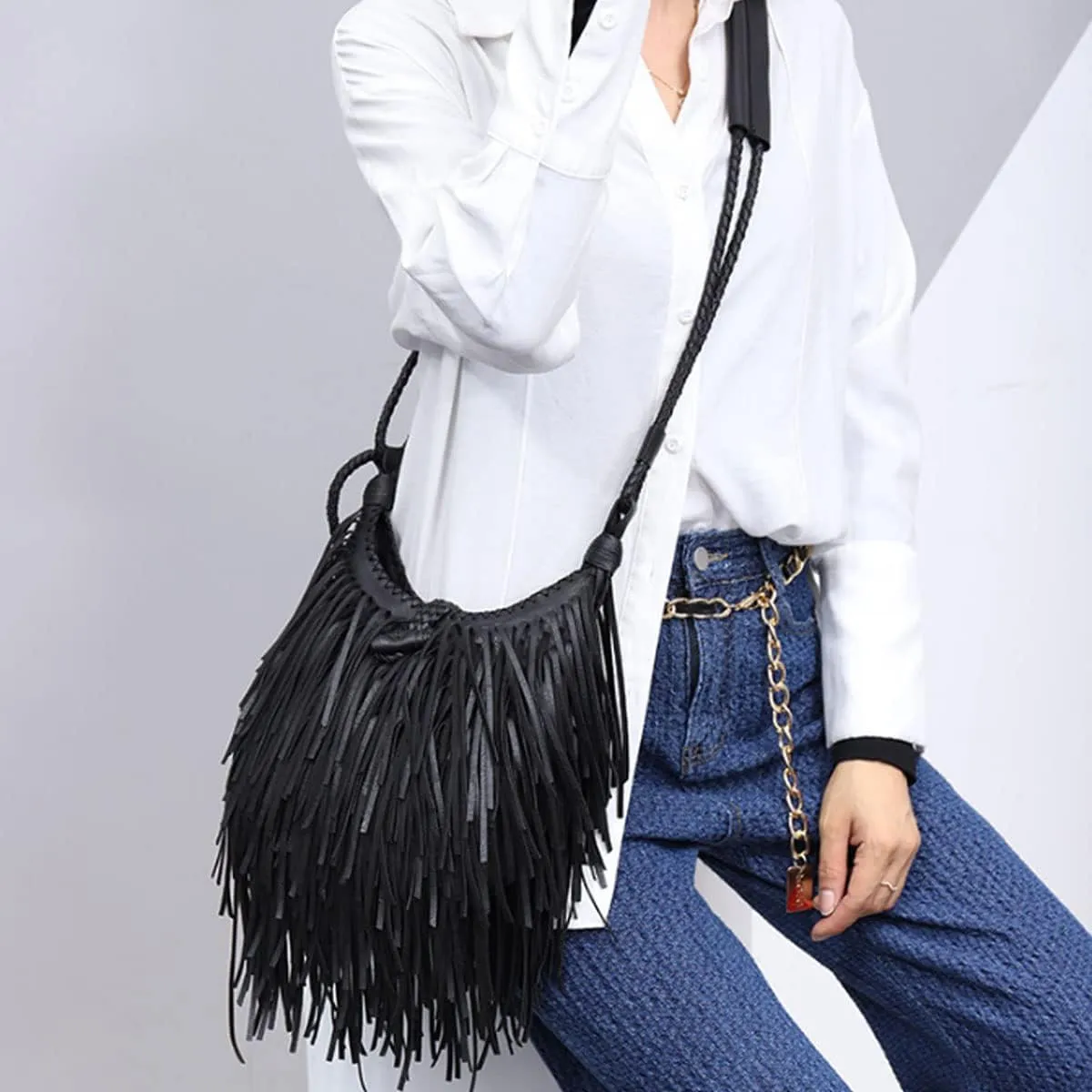 Tassle Shoulder Bags for Women PU Leather Handbag Bohemia Satchel Zipper Crossbody Bag Purse