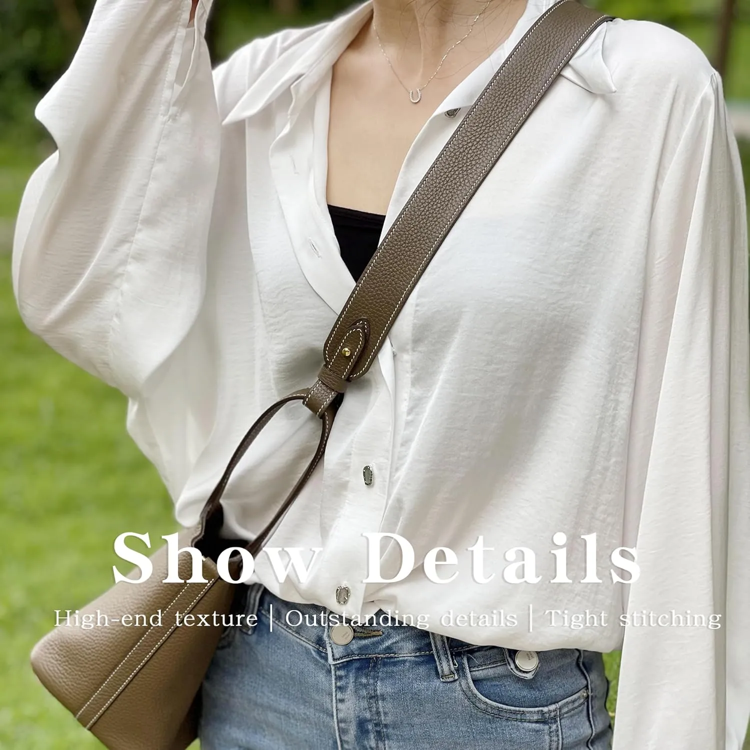 TC Leather Strap for Hermes Picotin/Lindy/Evelyne bag, Multi length Handmade Cowhide Crossbody Purse Strap for Handbag【19.7inch long, 1.1inch wide, Etoupe Grey (Gold Studs)】