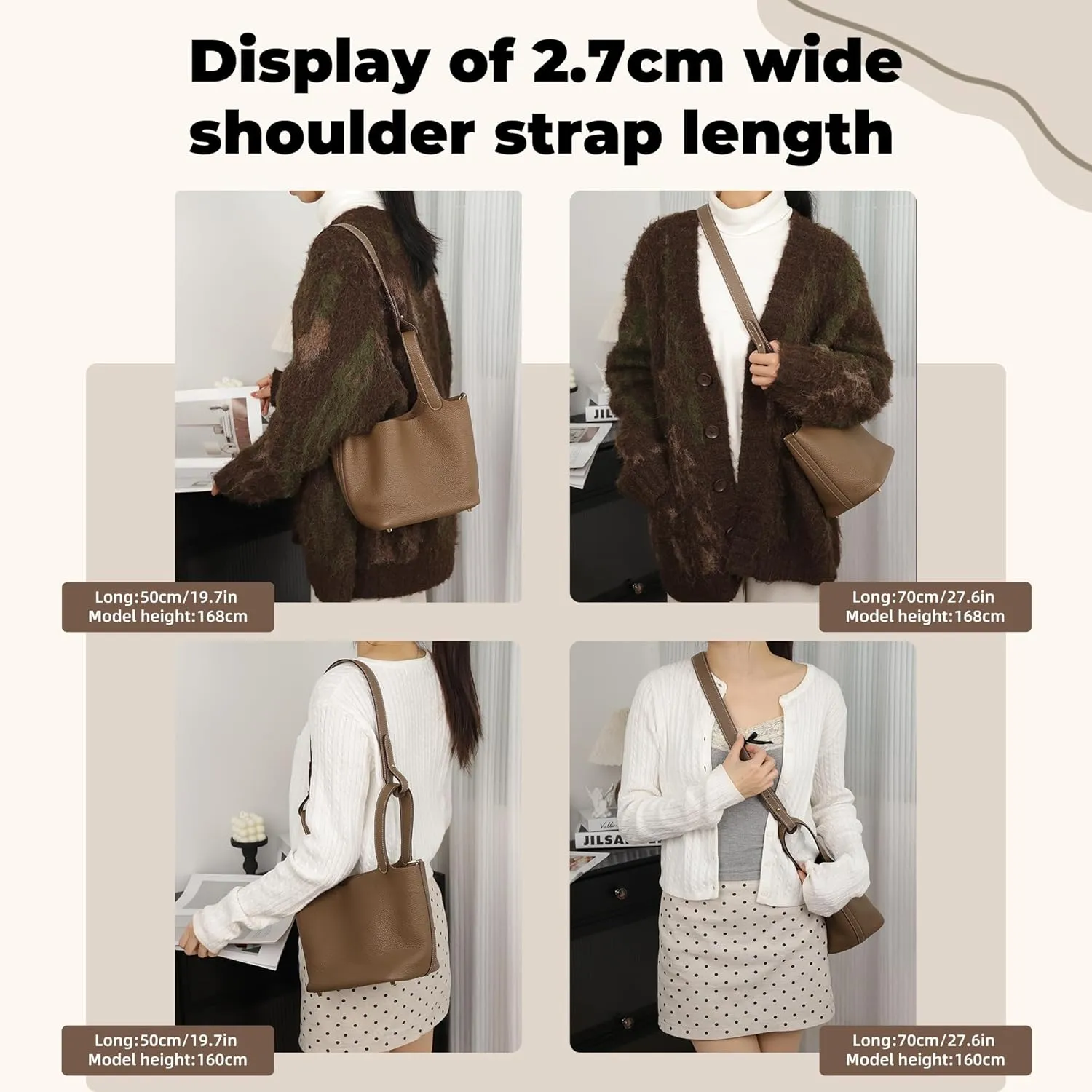 TC Leather Strap for Hermes Picotin/Lindy/Evelyne bag, Multi length Handmade Cowhide Crossbody Purse Strap for Handbag【19.7inch long, 1.1inch wide, Etoupe Grey (Gold Studs)】
