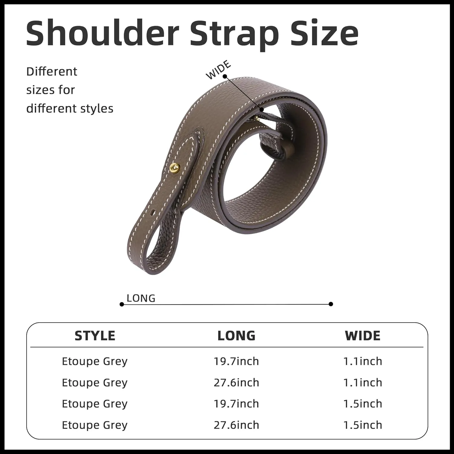 TC Leather Strap for Hermes Picotin/Lindy/Evelyne bag, Multi length Handmade Cowhide Crossbody Purse Strap for Handbag【19.7inch long, 1.1inch wide, Etoupe Grey (Gold Studs)】
