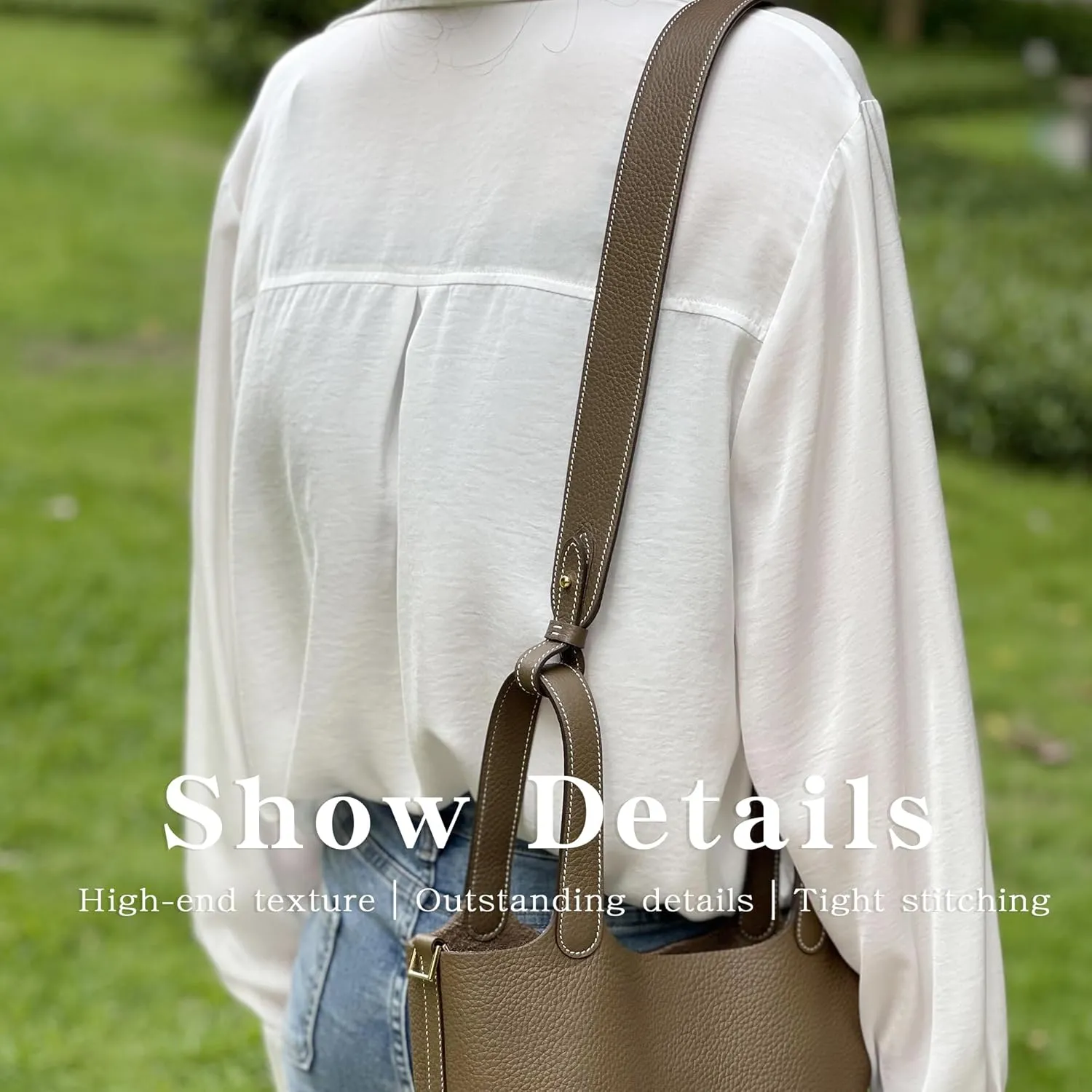 TC Leather Strap for Hermes Picotin/Lindy/Evelyne bag, Multi length Handmade Cowhide Crossbody Purse Strap for Handbag【19.7inch long, 1.1inch wide, Etoupe Grey (Gold Studs)】