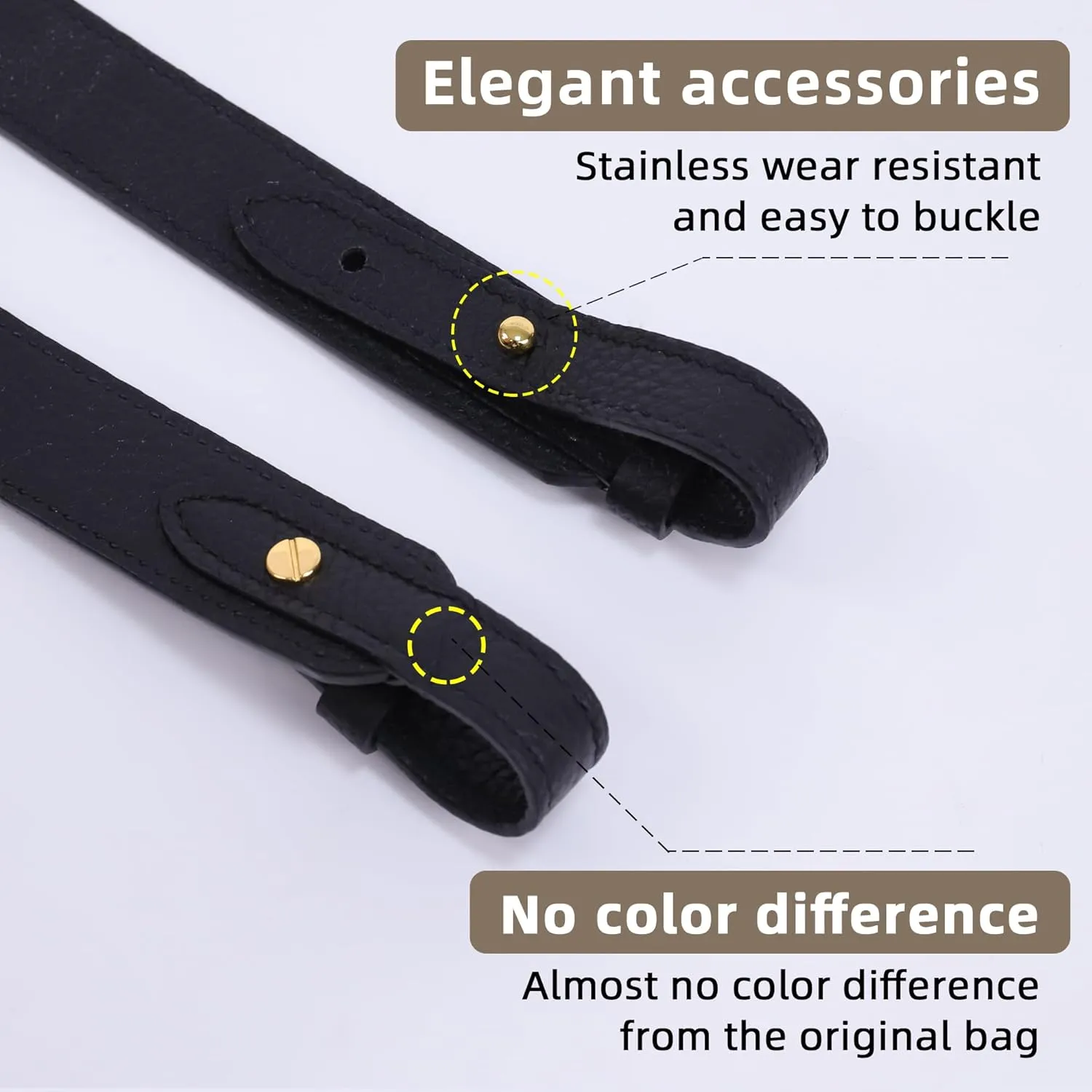 TC Leather Strap for Hermes Picotin/Lindy/Evelyne bag, Multi length Handmade Cowhide Crossbody Purse Strap for Handbag【27.6inch long, 1.5inch wide, Black (Gold Studs)】