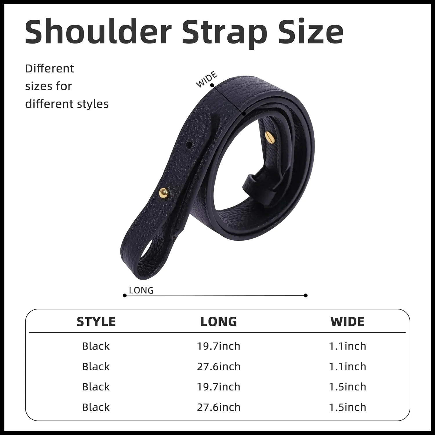 TC Leather Strap for Hermes Picotin/Lindy/Evelyne bag, Multi length Handmade Cowhide Crossbody Purse Strap for Handbag【27.6inch long, 1.5inch wide, Black (Gold Studs)】