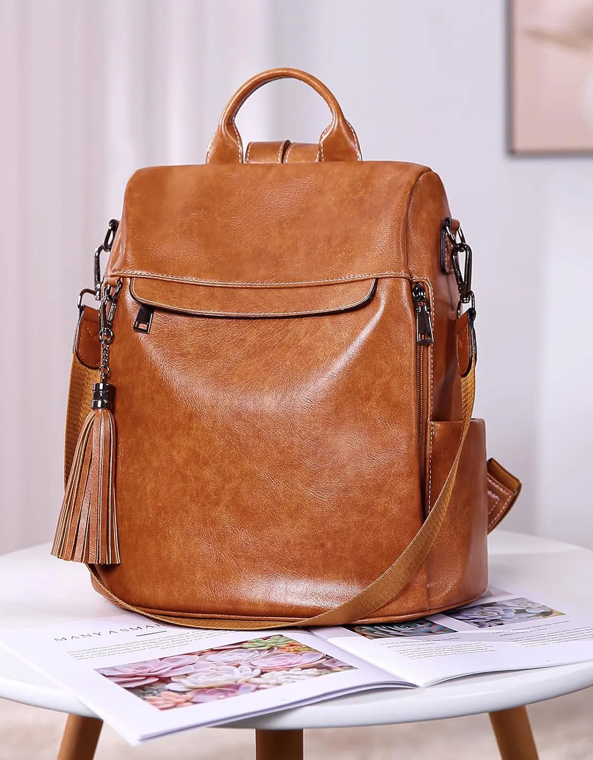 Telena Backpack Purse for Women, PU Leather Anti Theft Travel Purse Shoulder Bags with Tassel