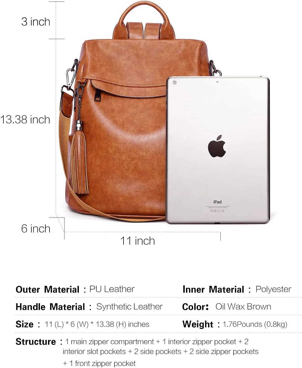Telena Backpack Purse for Women, PU Leather Anti Theft Travel Purse Shoulder Bags with Tassel