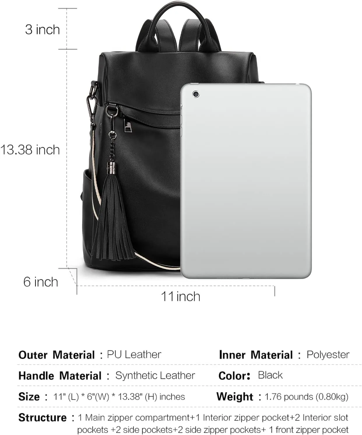 Telena Backpack Purse for Women, PU Leather Anti Theft Travel Purse Shoulder Bags with Tassel