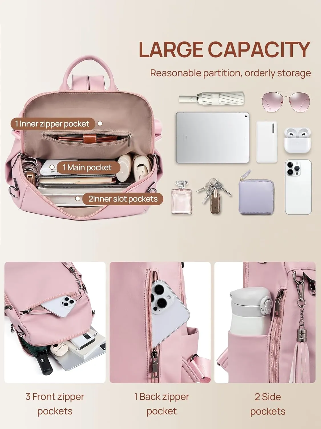 Telena Backpack Purse for Women, PU Leather Anti Theft Travel Purse Shoulder Bags with Tassel