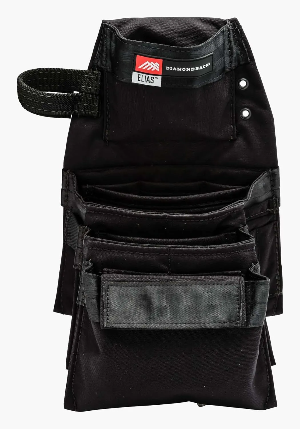The Diamondback Elias 2.0 Tool Pouch, Black, Right Side | for Carpenters, Remodelers, Framer | Holder for Drill, Driver, Hand Tools, Chalk Line, Punch, Chisel, Marker | 17.5"x11.25"