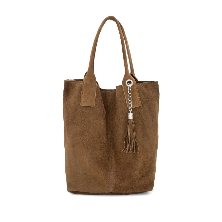 The Suede Leather Shopper Tote with Tassel