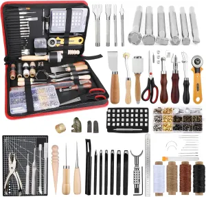 TLKKUE Leather Working Kit - Beginner's Leather Crafting Tool with Storage Bag, Leatherworking Tooling Kit for Sewing, Carving, Punching, Cutting, Stamping Tools