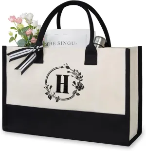TOPDesign Personalized Initial Jute/Canvas Beach Bag, Monogrammed Gift Tote Bag for Women