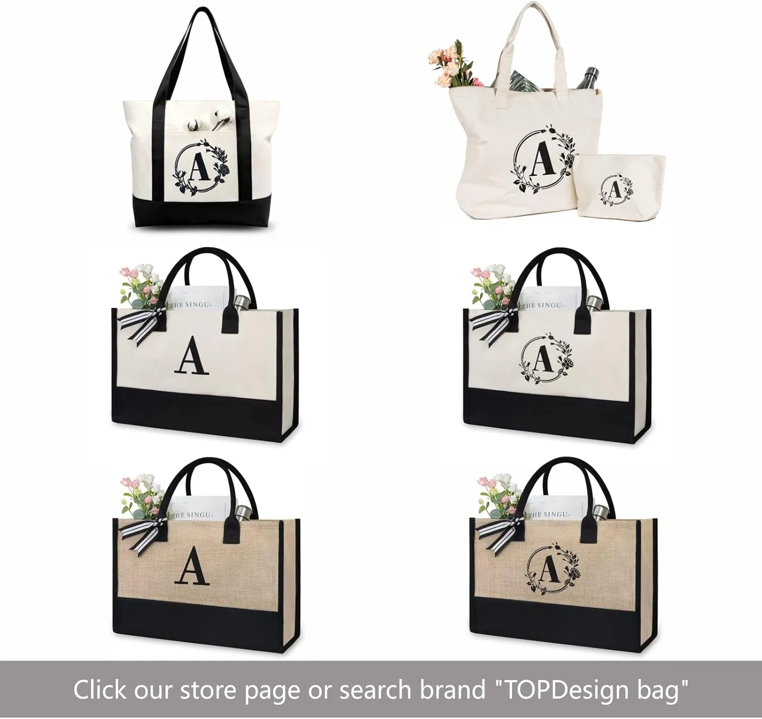 TOPDesign Personalized Initial Jute/Canvas Beach Bag, Monogrammed Gift Tote Bag for Women