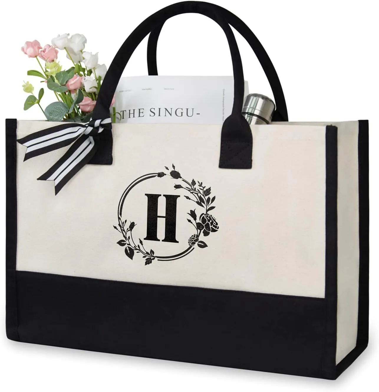 TOPDesign Personalized Initial Jute/Canvas Beach Bag, Monogrammed Gift Tote Bag for Women