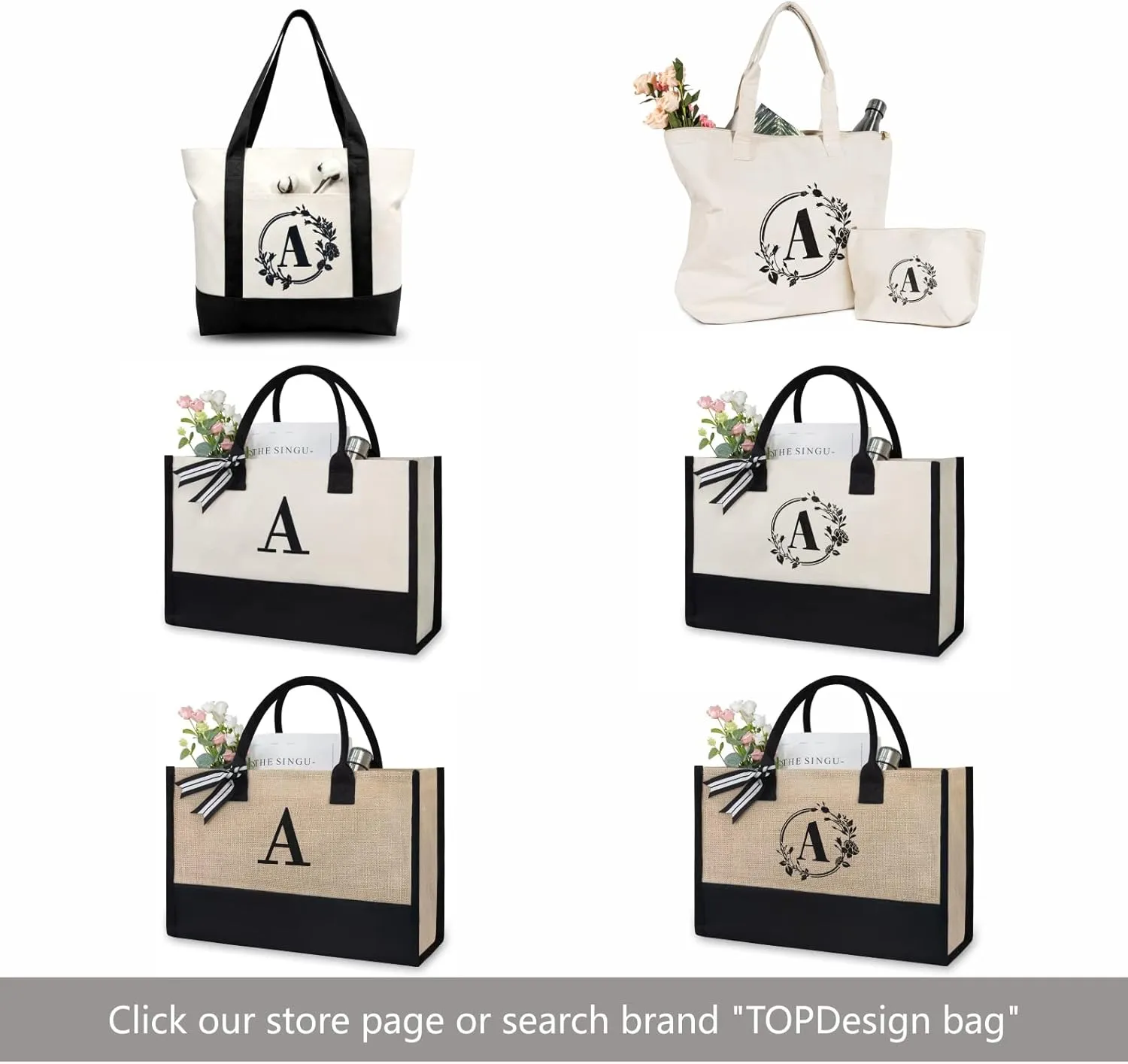 TOPDesign Personalized Initial Jute/Canvas Beach Bag, Monogrammed Gift Tote Bag for Women