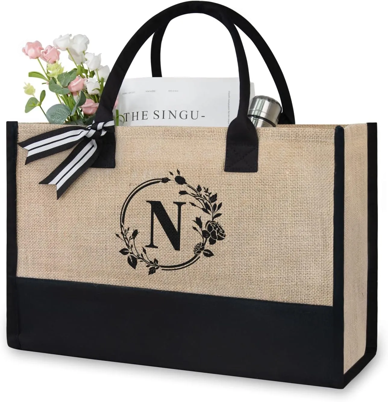 TOPDesign Personalized Initial Jute/Canvas Beach Bag, Monogrammed Gift Tote Bag for Women