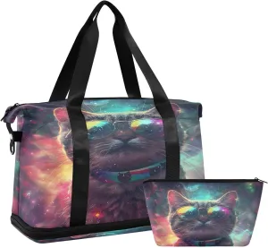 Travel Duffel Bag Cute Surreal Space Cat with Mirror Shades Realism High Contrast High Detail Rainbow Colors Gym Duffel Bag for Men & Women with Shoe & Wet Compartment Shoulder Weekender Overnight