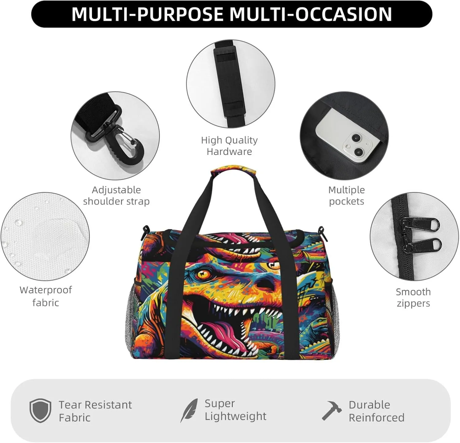 Travel Duffel Bag For Men Women, Dinosaur Graffiti Art Painting Carry On Sport Gym Bag With Shoulder Strap Lightweight Waterproof Weekender Bag Overnight Bag