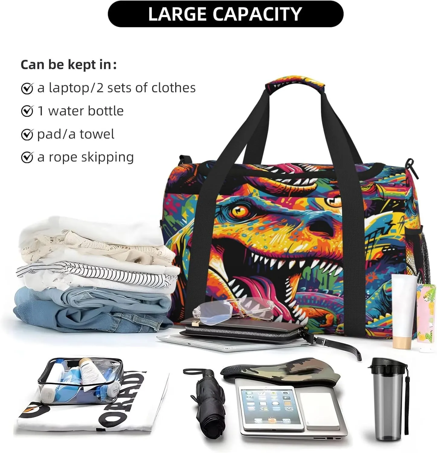 Travel Duffel Bag For Men Women, Dinosaur Graffiti Art Painting Carry On Sport Gym Bag With Shoulder Strap Lightweight Waterproof Weekender Bag Overnight Bag
