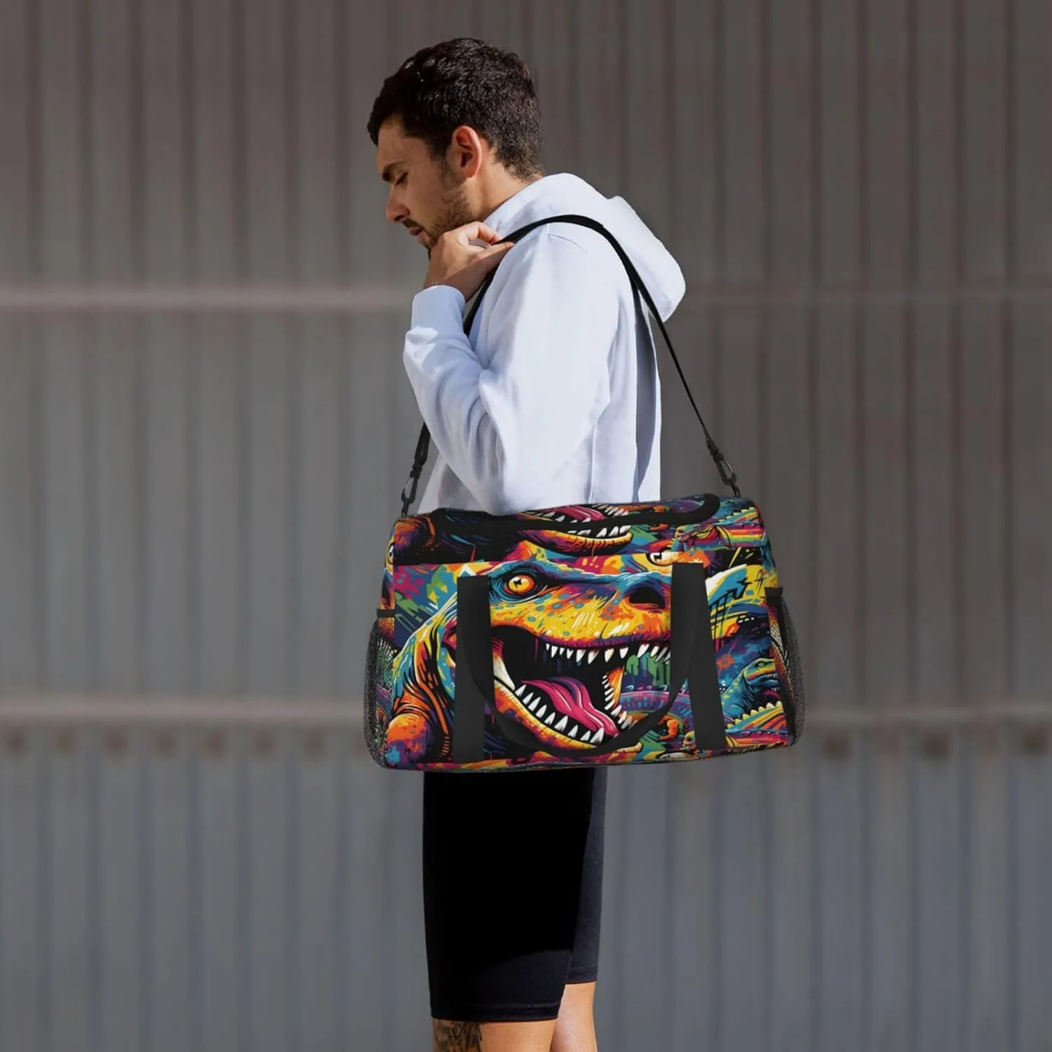Travel Duffel Bag For Men Women, Dinosaur Graffiti Art Painting Carry On Sport Gym Bag With Shoulder Strap Lightweight Waterproof Weekender Bag Overnight Bag