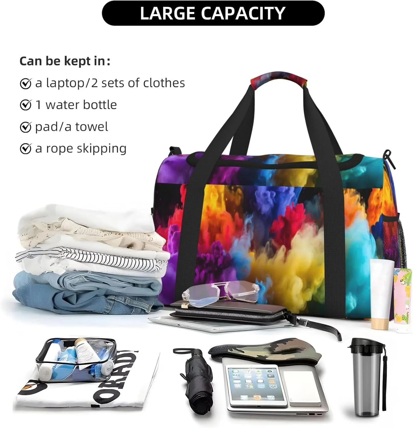 Travel Duffel Bag For Men Women, Rainbow Smoke Art Carry On Sport Gym Bag With Shoulder Strap Lightweight Waterproof Weekender Bag Overnight Bag