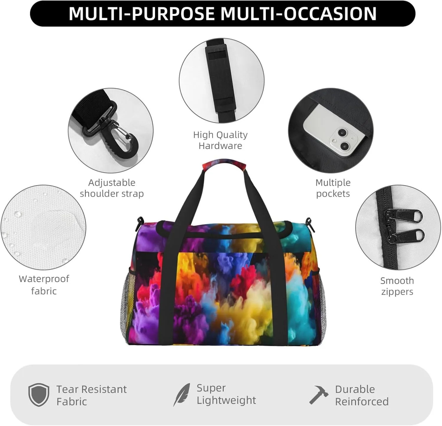 Travel Duffel Bag For Men Women, Rainbow Smoke Art Carry On Sport Gym Bag With Shoulder Strap Lightweight Waterproof Weekender Bag Overnight Bag