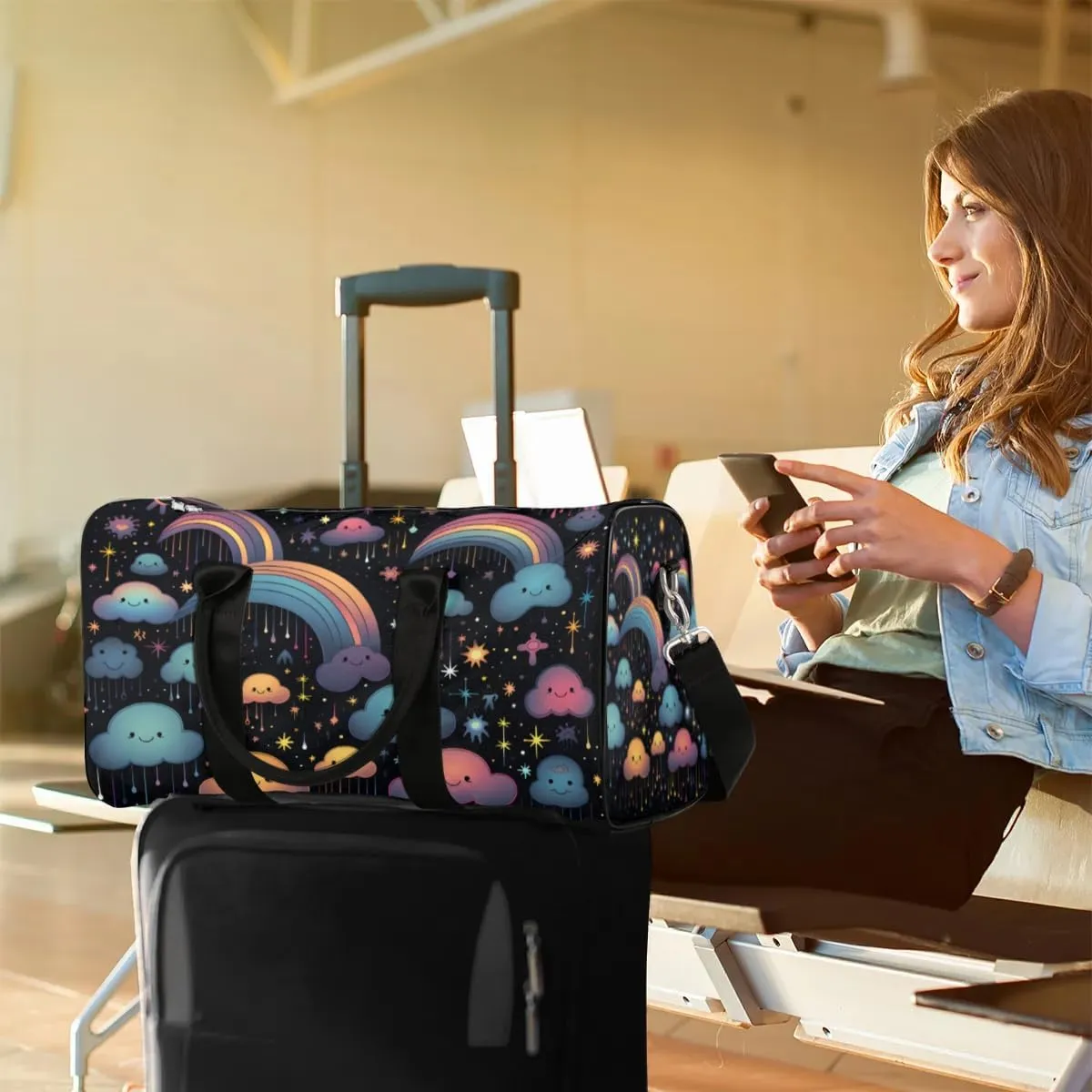 Travel Duffle Bag Cute Clouds Rainbow Gym Bags for Men Women Travel Duffel Bags with Adjustable Shoulder Strap Carry On Weekender Bag