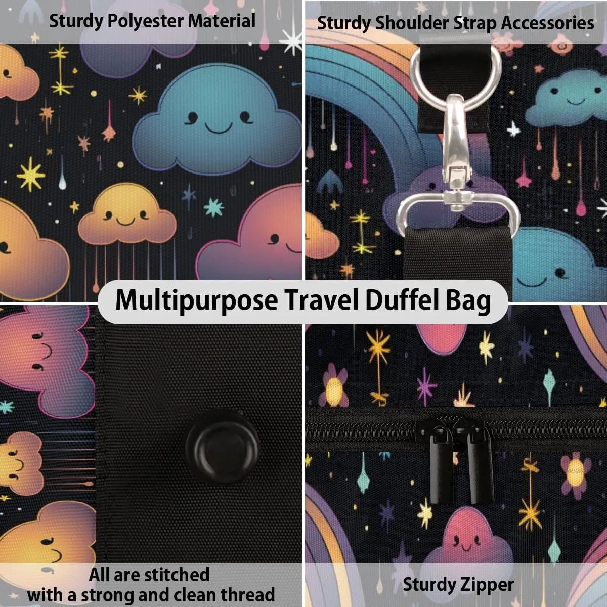 Travel Duffle Bag Cute Clouds Rainbow Gym Bags for Men Women Travel Duffel Bags with Adjustable Shoulder Strap Carry On Weekender Bag