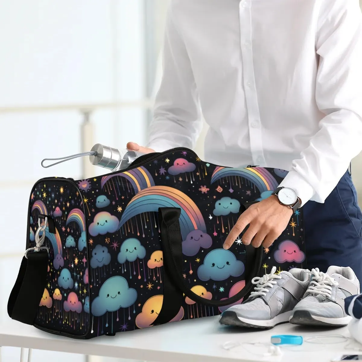 Travel Duffle Bag Cute Clouds Rainbow Gym Bags for Men Women Travel Duffel Bags with Adjustable Shoulder Strap Carry On Weekender Bag