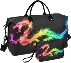 Travel Duffle Bag, Fire Rainbow Dragon Gym Bag with Storage Bag Weekender Overnight Bag for Men Women Trip Sports Yoga