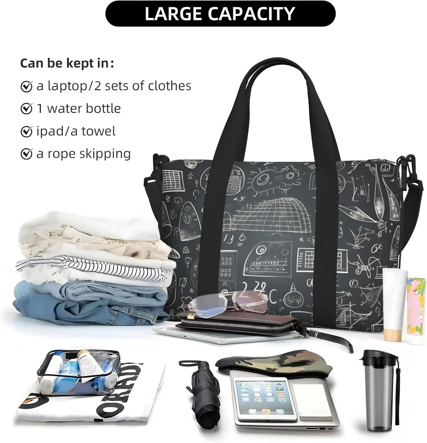 Travel Duffle Bag Math Graffiti Education Weekender Overnight Bags Luggage Bag for Women Men Waterproof Sports Gym Bag Hand Bag with Shoulder Strap