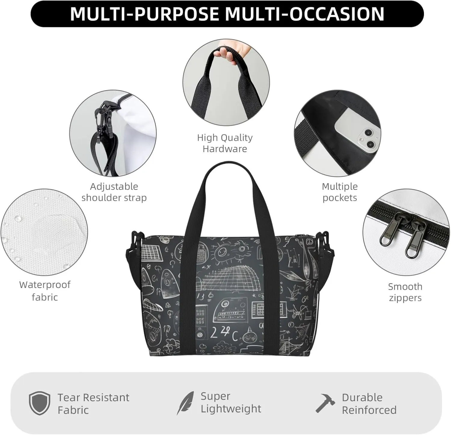 Travel Duffle Bag Math Graffiti Education Weekender Overnight Bags Luggage Bag for Women Men Waterproof Sports Gym Bag Hand Bag with Shoulder Strap