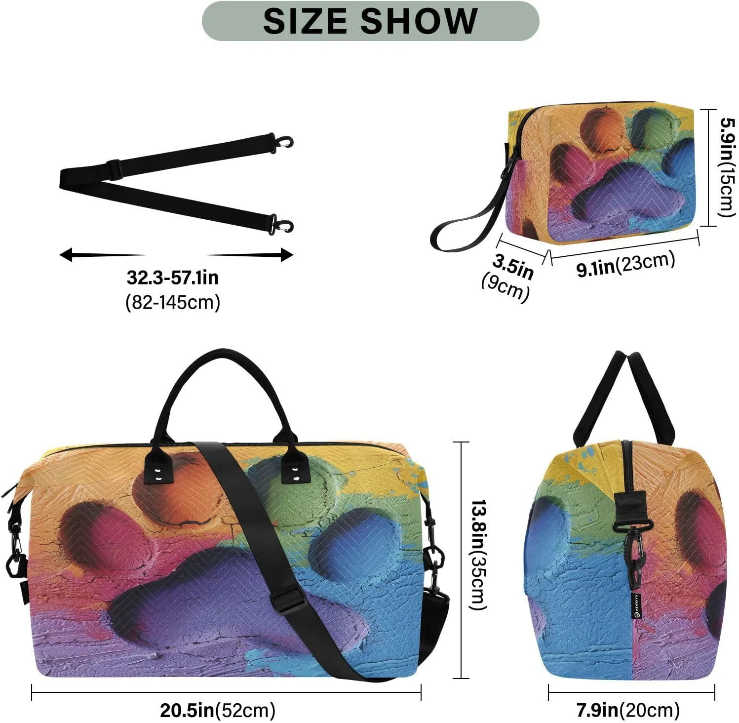 Travel Duffle Weekender Gym Swim Bag with Toiletry Bag for Women - Colorful Dog Paw Graffiti Pattern