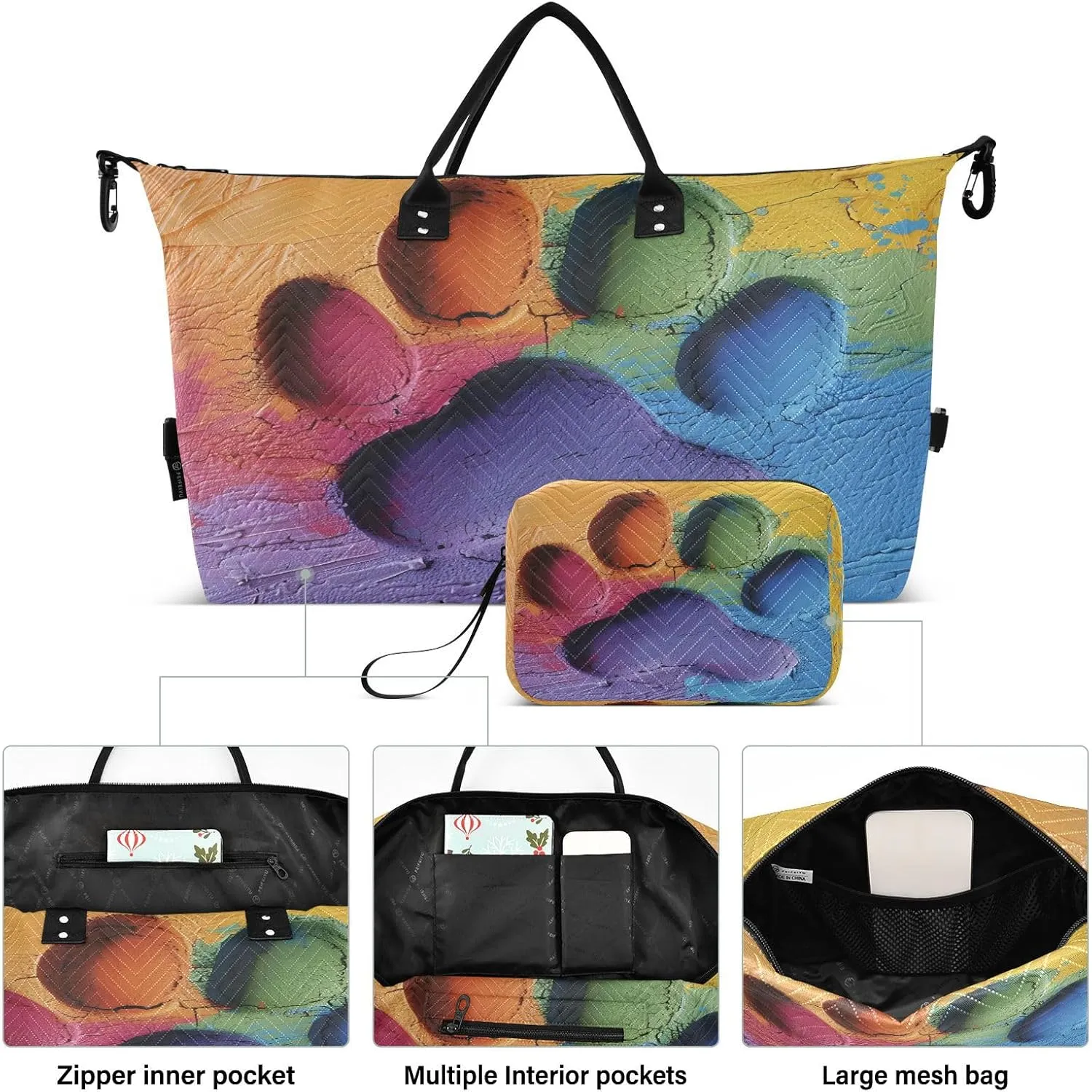 Travel Duffle Weekender Gym Swim Bag with Toiletry Bag for Women - Colorful Dog Paw Graffiti Pattern